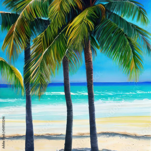 Beautiful beach with palm trees  watercolor. AI generated.