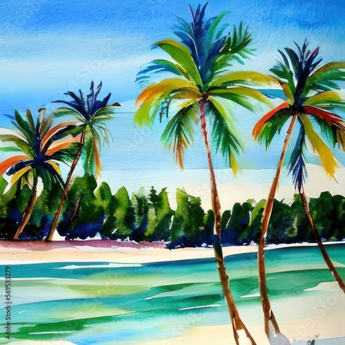 Beautiful beach with palm trees, watercolor. AI generated. Illustration.