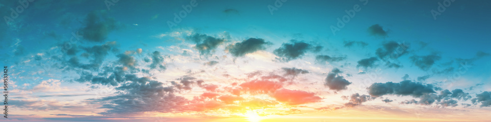 Cloudy sky at sunset. Cloudy sky background. Horizontal banner