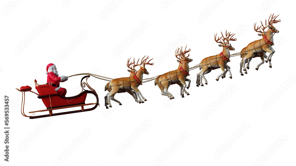 santa claus ready to deliver presents with sleigh with reindeer - obrazy, fototapety, plakaty 