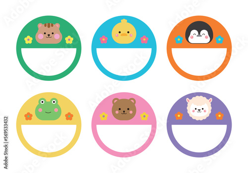 A collection of cute name label designs with animal character concepts. Squirrel, frog, penguin, bear, duck, llama illustrations. Can be used in schools, kindergartens.