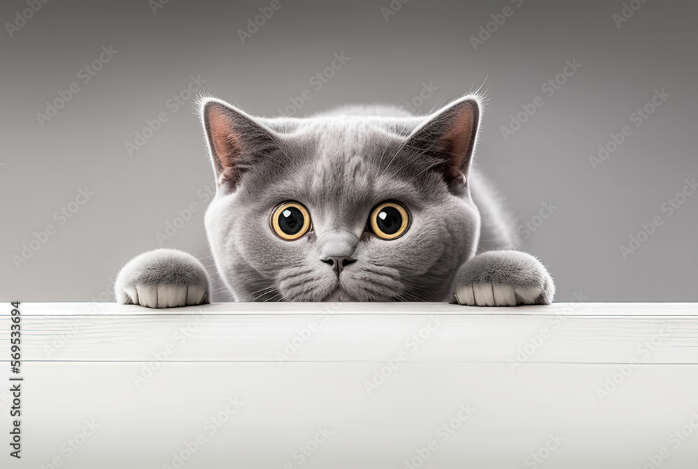 Beautiful funny grey British cat peeking out from behind a white table. Generative AI.
Beautiful funny grey British cat peeking out from behind a white table. Generative AI.