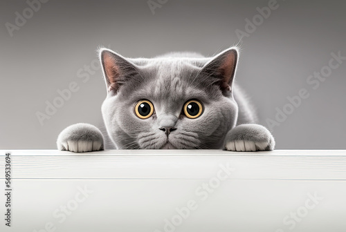 Beautiful funny grey British cat peeking out from behind a white table. Generative AI. 
