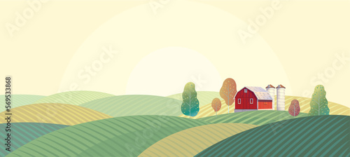 Rural landscape with a farm and agricultural fields. Vector illustration.