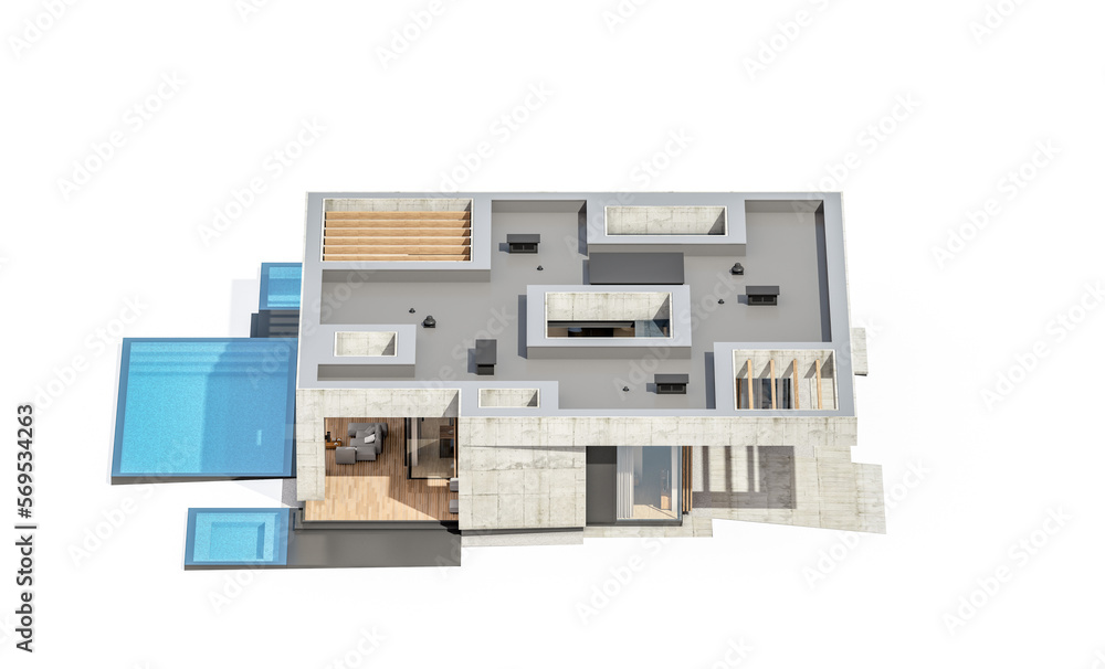 3d rendering of new concrete house in modern style with pool and parking for sale or rent only one floor in evening. Isolated on white 3d rendering of new concrete house in modern style with pool and parking for sale or rent only one floor in evening. Isolated on white