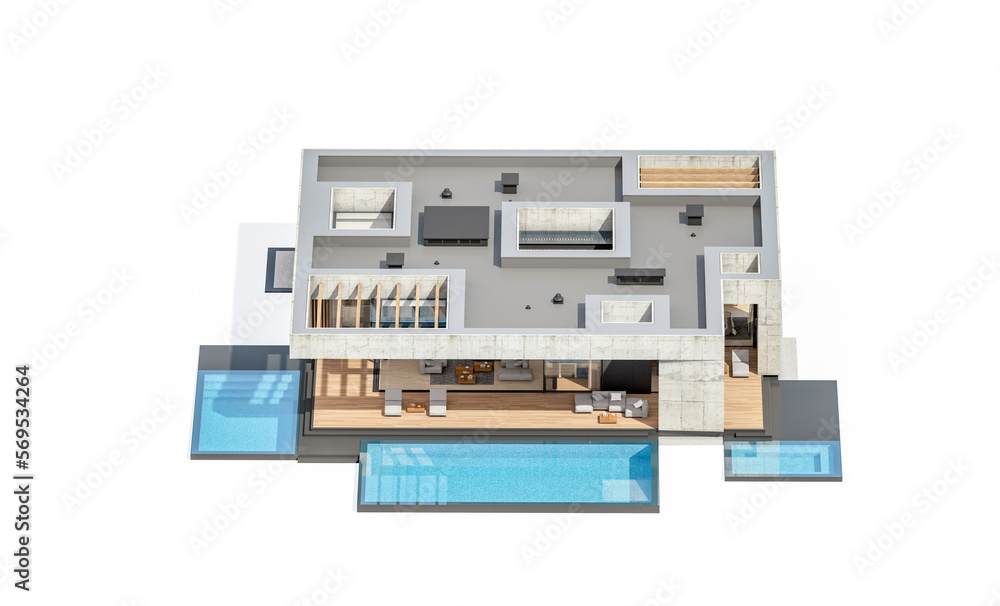 3d rendering of new concrete house in modern style with pool and parking for sale or rent only one floor in evening. Isolated on white 3d rendering of new concrete house in modern style with pool and parking for sale or rent only one floor in evening. Isolated on white