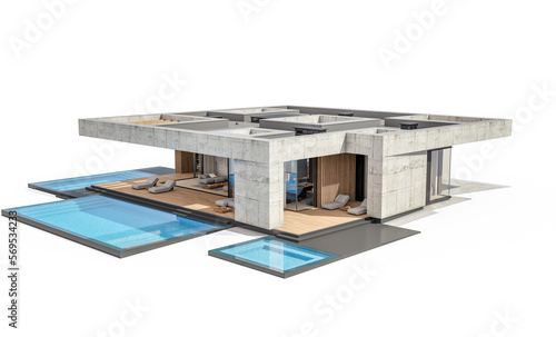 3d rendering of new concrete house in modern style with pool and parking for sale or rent only one floor in evening. Isolated on white