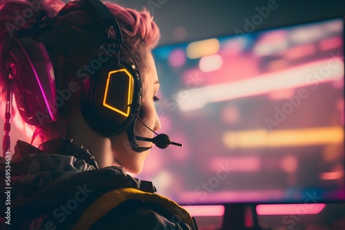 Professional esport girl gamer playing esport championship , Esport gaming player watching at screen focusing on game , an imaginary person digital illustration, generative ai