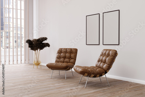 Fototapeta Naklejka Na Ścianę i Meble -  Modern room design with two brown leather armchair and two frames on the wall. 3d render
