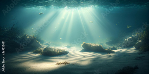 Underwater world, with a focus on the sand floor and seabed of the ocean. The ocean floor is a dynamic landscape, dotted with sandy bottoms and underwater habitats. Generative AI