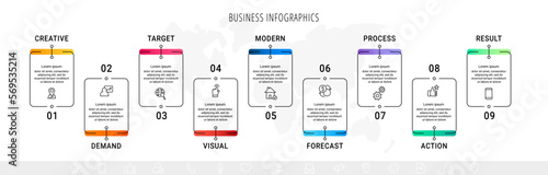 Modern vector infographics with nine rectangles. Business template with graphic 9 steps for diagram, web, banner, presentations, flowchart, content, levels, chart, graphic, timeline