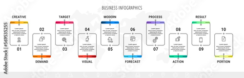 Modern vector infographics with 10 rectangles. Business template with graphic ten steps for diagram, web, banner, presentations, flowchart, content, levels, chart, graphic, timeline