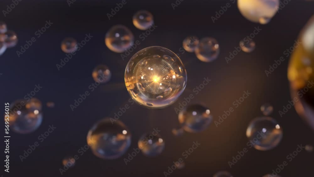 3D cosmetic bubble animation Design that moisturizes on a dark background. design of cosmetic essentials serum. Beautiful macro shot of many gold water bubbles. 3D cosmetic bubble animation Design that moisturizes on a dark background. design of cosmetic essentials serum. Beautiful macro shot of many gold water bubbles.