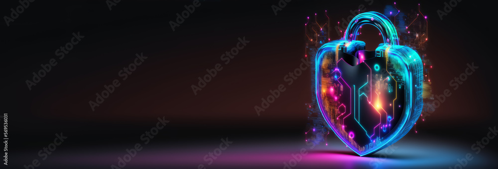 Banner with holographic neon padlock cyber security symbol. Technology network data protection concept. Generative AI illustration Banner with holographic neon padlock cyber security symbol. Technology network data protection concept. Generative AI illustration