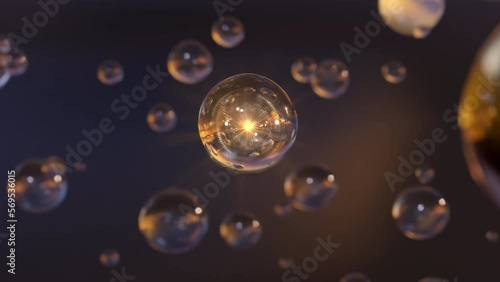 Wallpaper Mural 3D cosmetic bubble animation Design that moisturizes on a dark background. design of cosmetic essentials serum. Beautiful macro shot of many gold water bubbles. Torontodigital.ca