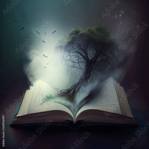 Magisches Buch mit offenen Seiten und abstrakten Lichtern und ein baum, die in der Dunkelheit leuchten