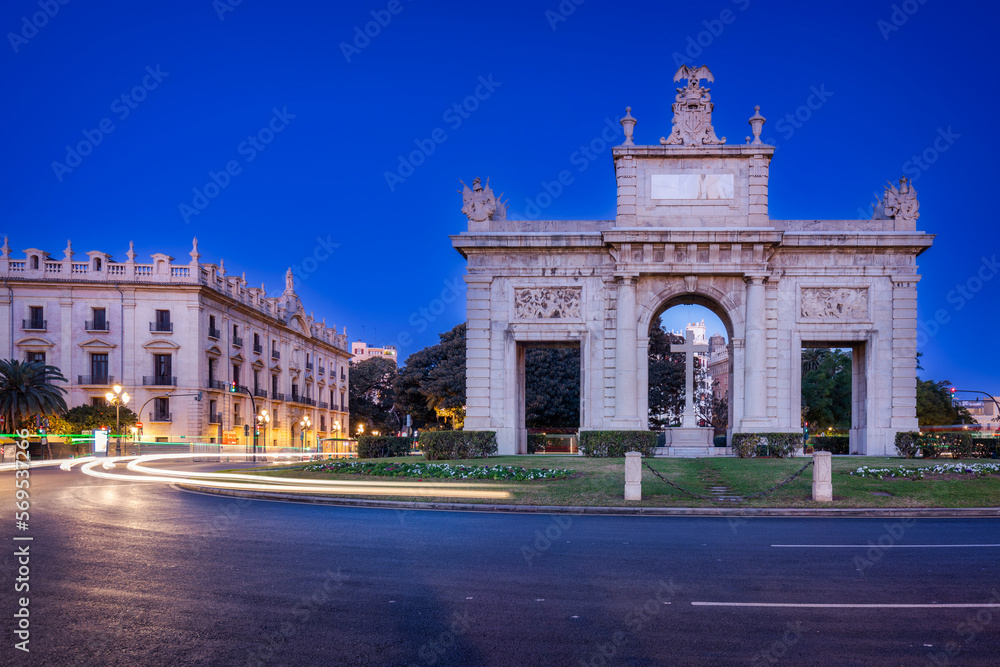 Porta de la Mar - the Sea Gate in Valencia at dawn, Spain