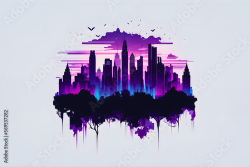Futuristic vector city with neon colors and white background. Created with Generative AI technology.