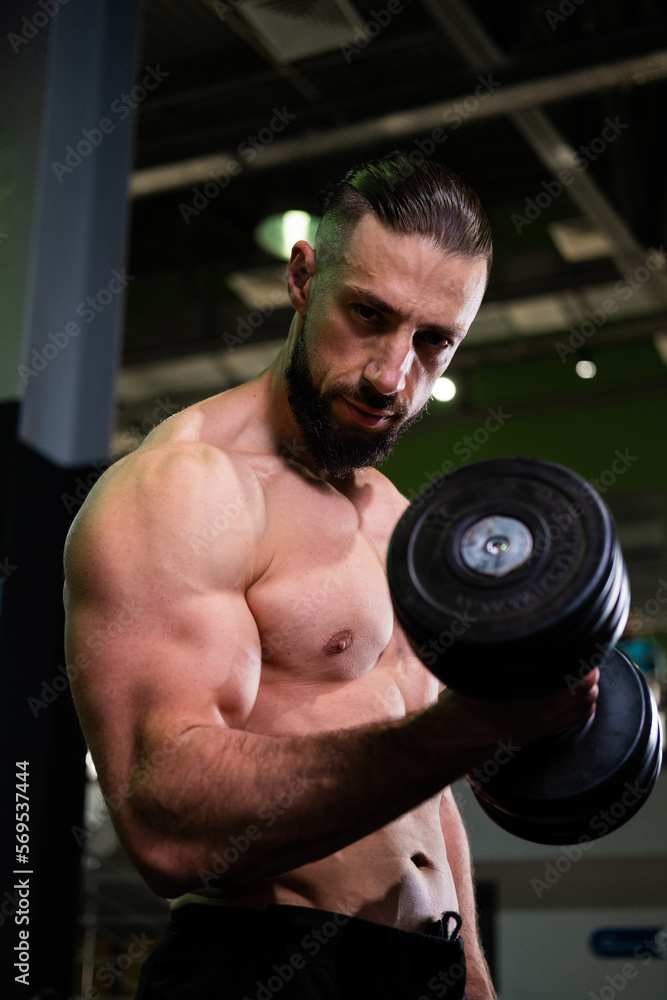 A brutal muscular man with a beard and a ponytail does a biceps exercise in the gym