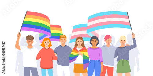 LGBT pride month. Gay parade. Group of lesbian, gay, bisexual and transgender young people holding rainbow flag. Homosexual love demonstration. Movement against discrimination by sexuality photo