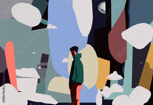 The figure of a solitary man stands in the middle of a vast, enigmatic landscape, surrounded by muted colors and shadows. Vector art abstract, cubist
