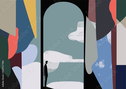 The figure of a solitary man stands in the middle of a vast, enigmatic landscape, surrounded by muted colors and shadows. Vector art abstract, cubist
