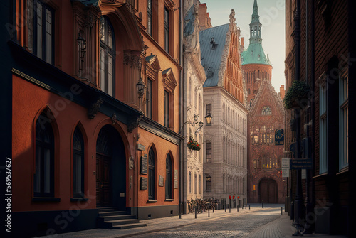 European street in town, city. Generative AI image.