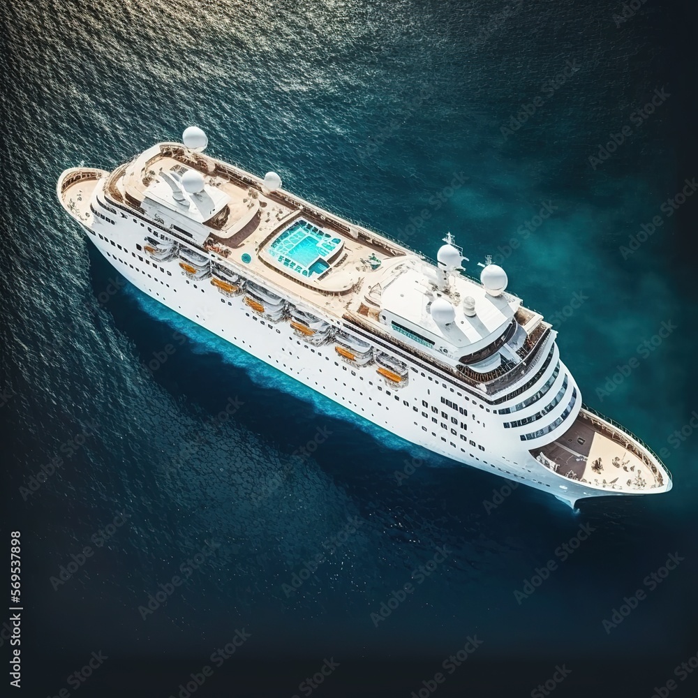 Aerial view of beautiful white cruise ship above luxury cruise in the ocean sea, generative ai
