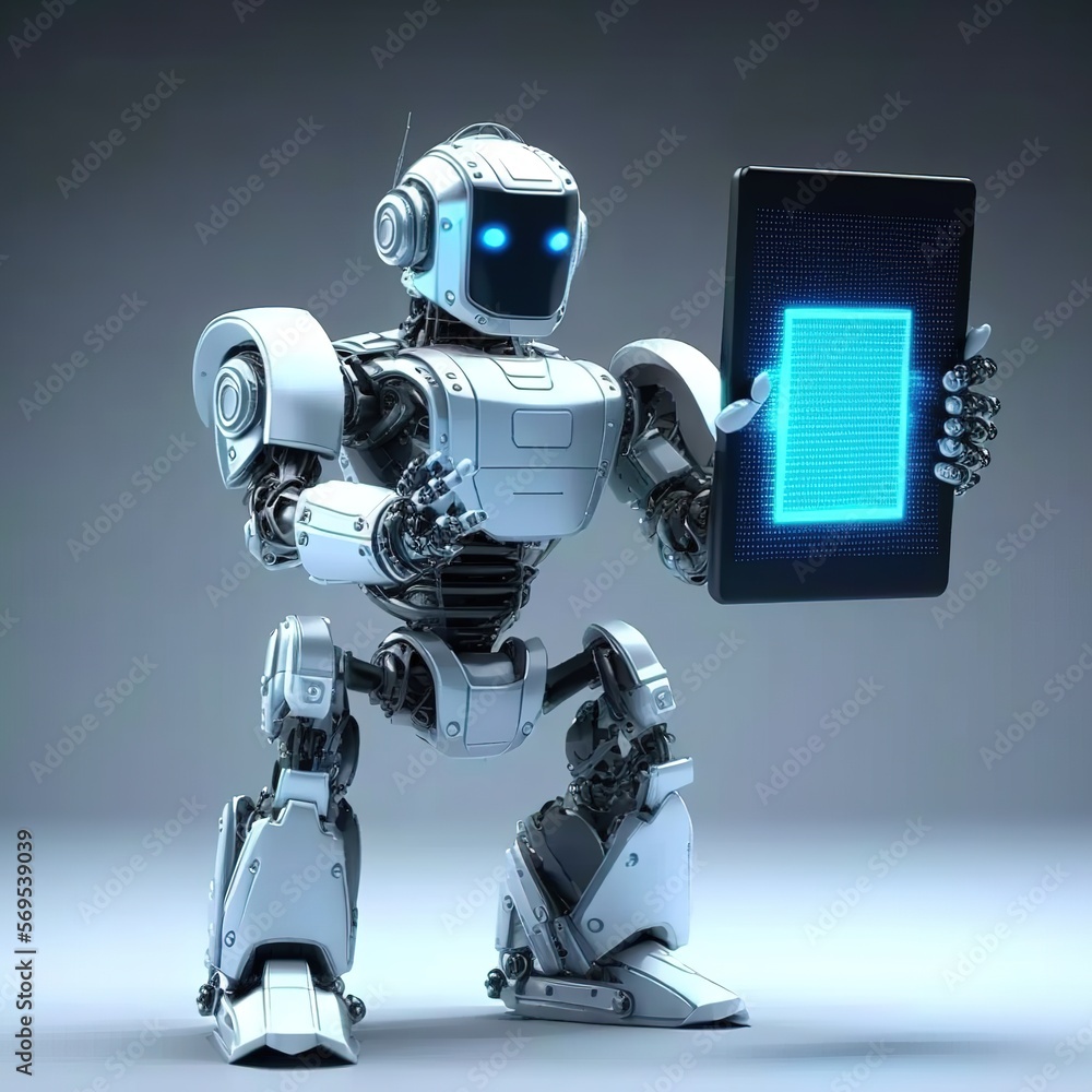 AI humanoid robot holding hologram screen shows concept of global communication network, generative ai AI humanoid robot holding hologram screen shows concept of global communication network, generative ai