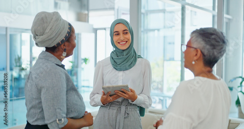 Photography Business meeting, team and muslim woman with tablet for marketing ideas, b2b networking and communication for diversity, inclusion and equality