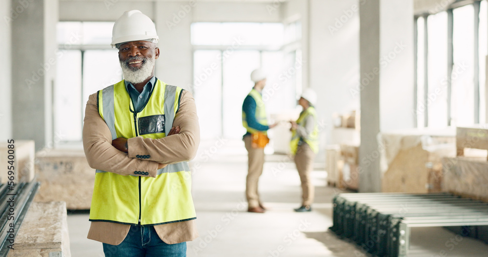 Senior black man, architect and business construction with crossed arms for building industry on site. Portrait of a confident elderly African male engineer, builder or architecture at the workshop Senior black man, architect and business construction with crossed arms for building industry on site. Portrait of a confident elderly African male engineer, builder or architecture at the workshop