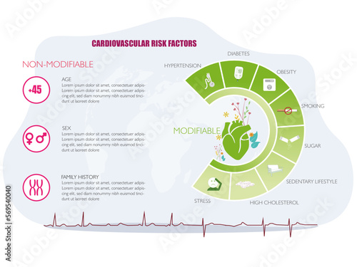 Infographic on the types of cardiovascular risk factors, modifiable and non-modifiable with their icons such as diabetes, age, smoking, overweight, sedentary lifestyle, stress, sex, etc.