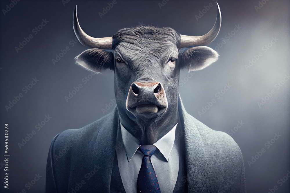 Portrait of a bull dressed in a business suit in a studio photo. Generative AI. Portrait of a bull dressed in a business suit in a studio photo. Generative AI.