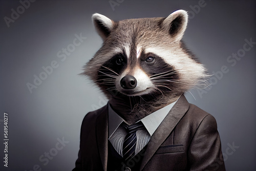 Portrait of a raccoon dressed in a business suit in a studio photo. Generative AI. 