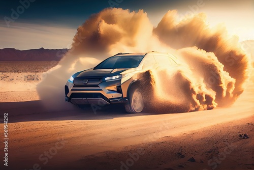 Electric SUV driving in the desert with dust,illstration generative ai content by Midjourney © 真実 原