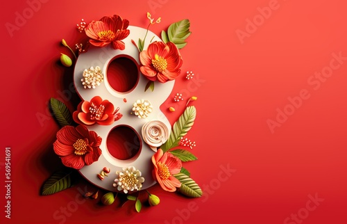 8 March. International Women's Day. Floral number 8, red background.