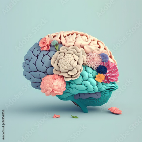 Human brain with flowers, self care and mental health concept, positive thinking, creative mind, generative AI