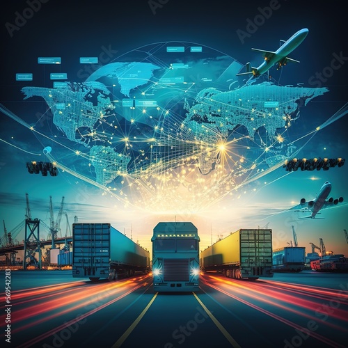 global logistics network distribution and transportation, Smart logistics, Innovation future of transport on large warehouse center background, generative ai