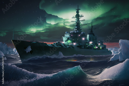 Military navy ship carrier in water Arctic ocean. Warship of army on secret mission with green northern lights or Aurora borealis. Generation AI