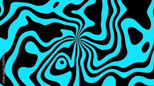 Surreal black and cyan psychedelic spiral optical illusion. Abstract hypnotic animated background. Seamless looping animation.