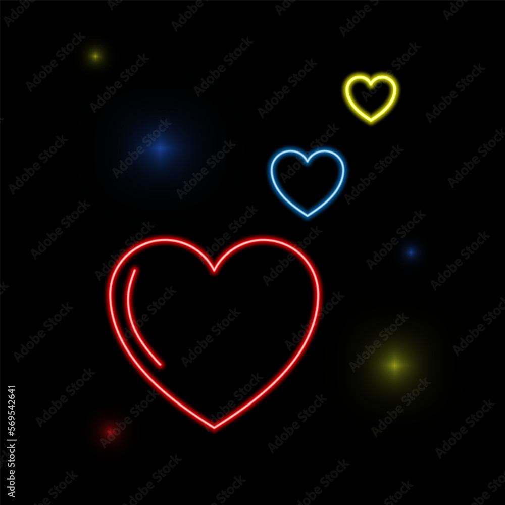Hearts in neon light. Glowing neon hearts for valentine's day. Heart in vivid blue, red and ywllow color on black background. vector Hearts in neon light. Glowing neon hearts for valentine's day. Heart in vivid blue, red and ywllow color on black background. vector