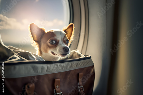 Happy traveler dog in bag transportation in airplane and train transport. Concept travel with pet animal. Generation AI
