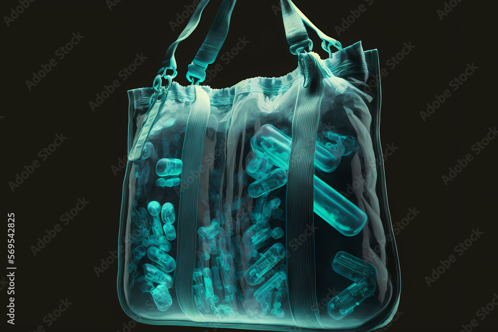 Security xray scan of bag with smuggling capsules drugs in airport