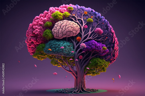 Arbre cérébral humain avec des fleurs, concept de soins personnels et de santé mentale, pensée positive, esprit créatif. créer avec ia photo