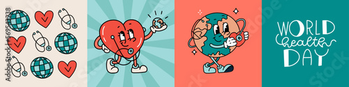 World health day cards set with heart and planet mascots. 70s retro cartoon chcracters and lettering. Linear hand drawn flat vector illustration.