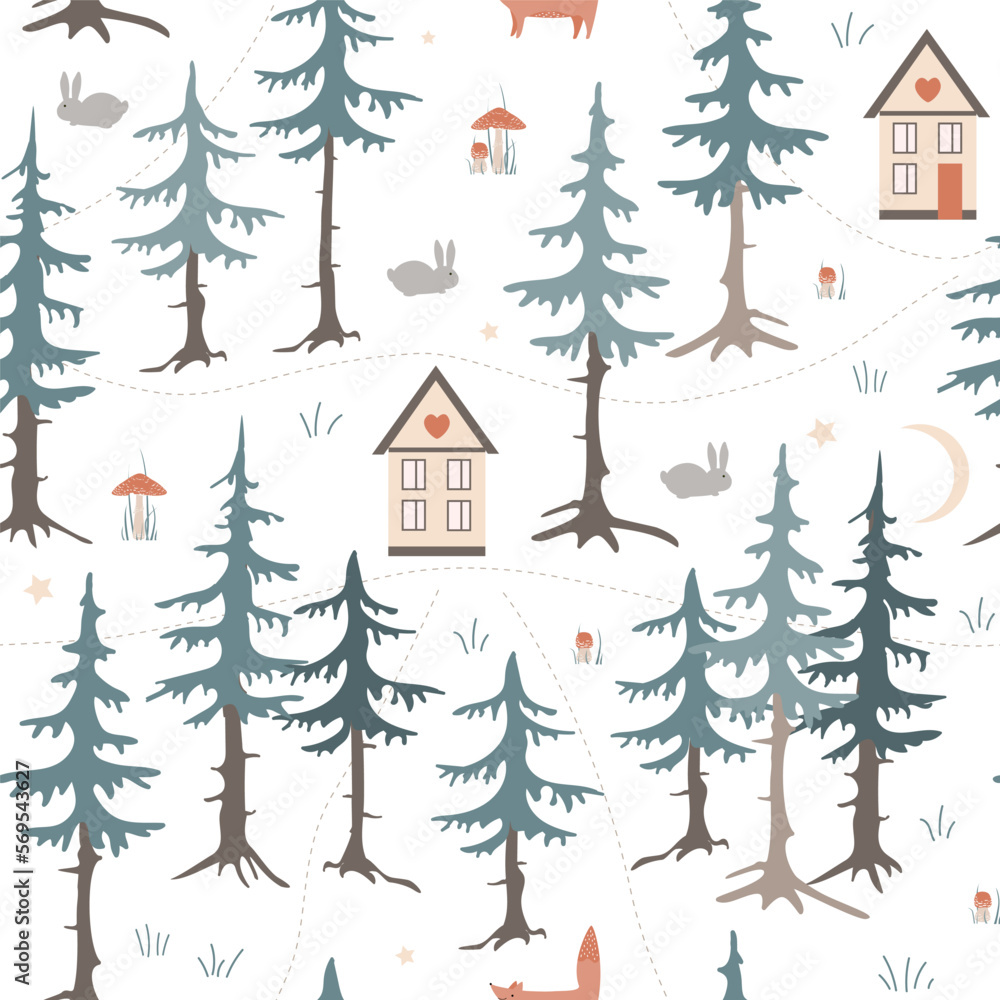 Obraz premium Vector seamless pattern with houses and wild forest life, fox, rabbit, and fly agaric mushrooms. Can be printed and used as wrapping paper, wallpaper, textile, fabric, etc