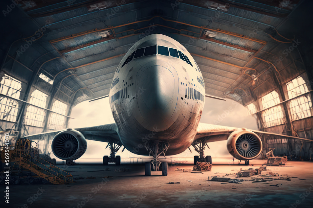 passenger airplane in hangar for maintenance. generative ai passenger airplane in hangar for maintenance. generative ai
