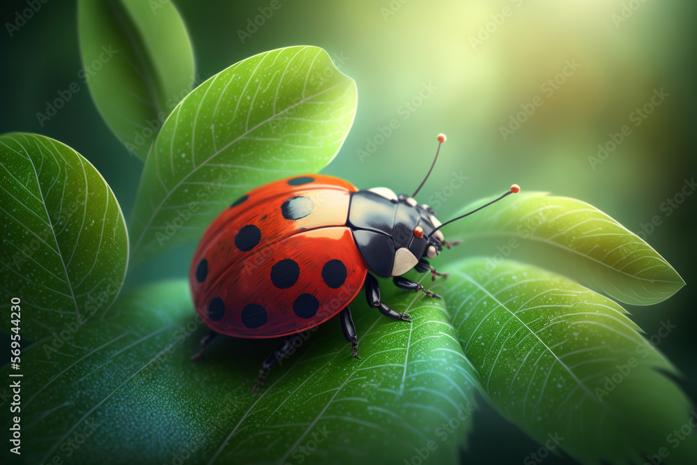 Fototapeta premium closeup of ladybug on leaf. generative ai