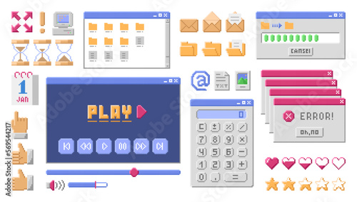 Old computer interface elements set. Retro pc windows, with buttons. Vector illustration in pixel style.