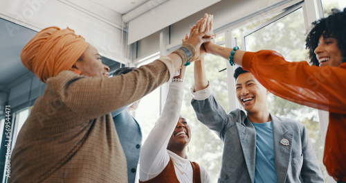 Success, team work or people high five in office for meeting sales kpi goals, winning or target achievement. Support, happy or employees in celebration of business growth, partnership or project deal photo